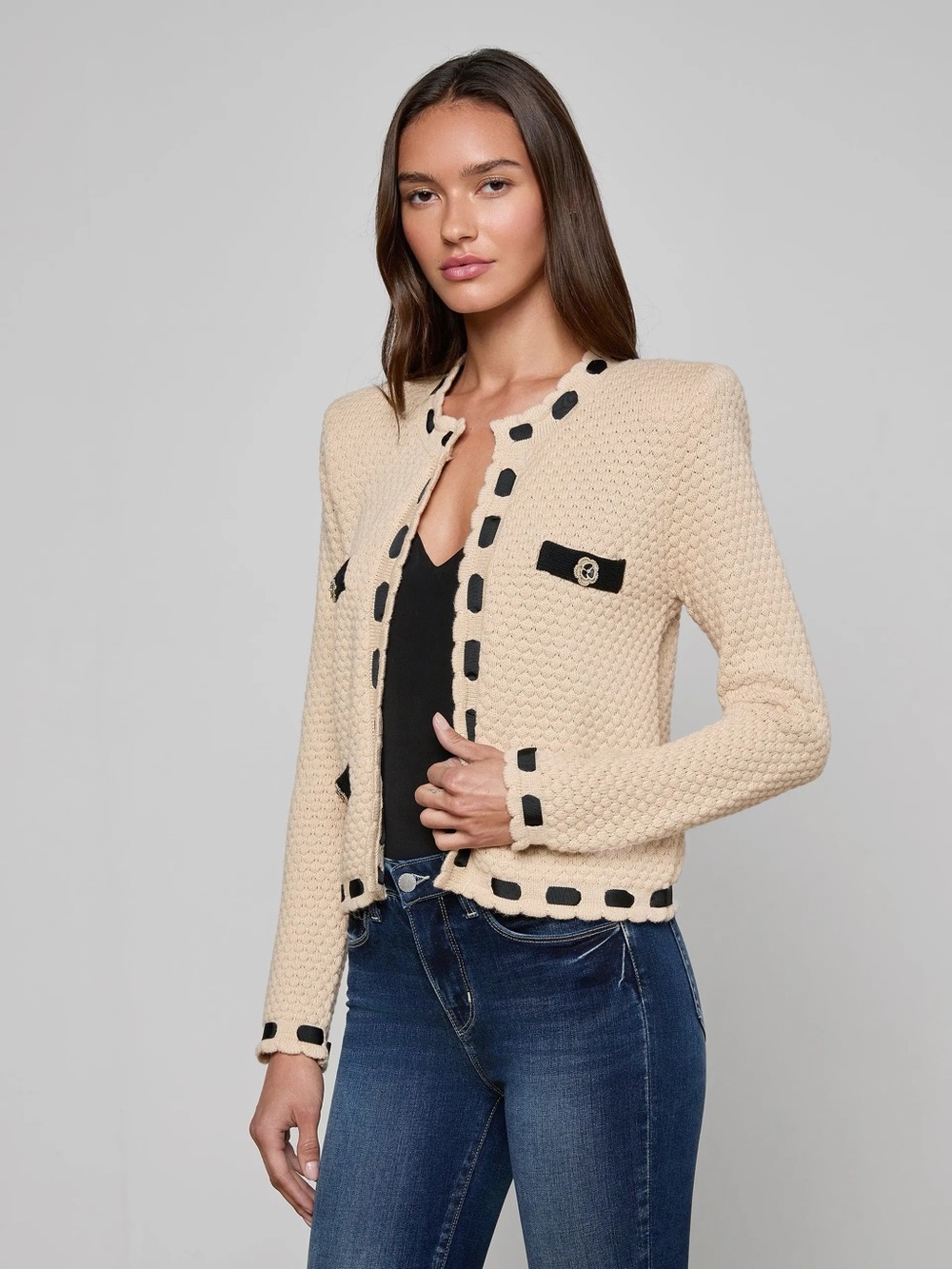 L'AGENCE Astor Beige Knit Cardigan with Black Trim